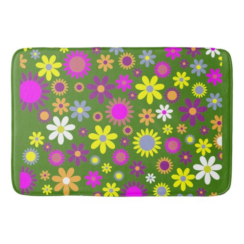 Retro 60s Flower Green Yellow Purple Floral Design Bath Mat