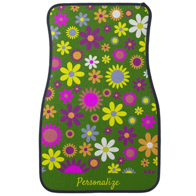 Retro 60s Flower Green Yellow Purple Floral Design Car Floor Mat (Front)
