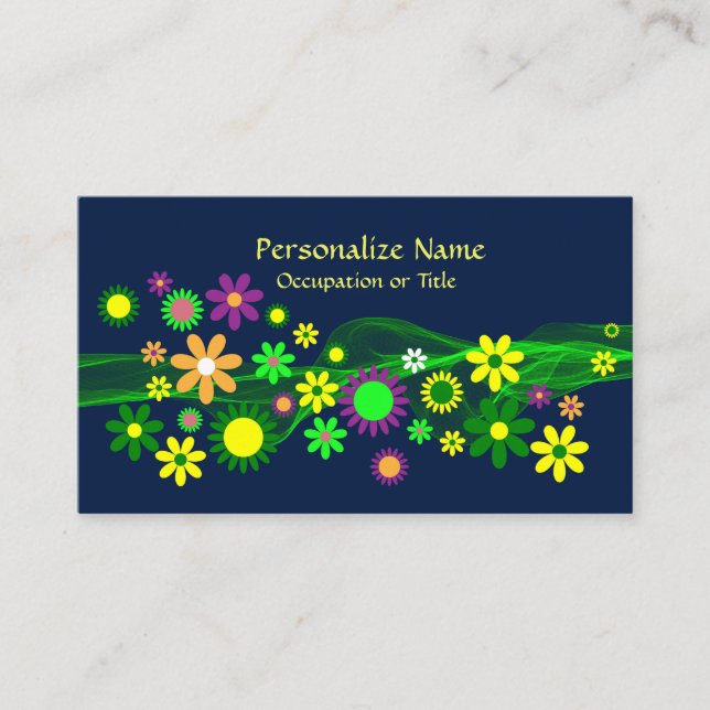 Retro 60s Flower Power Midnight Blue Trendy Business Card (Front)