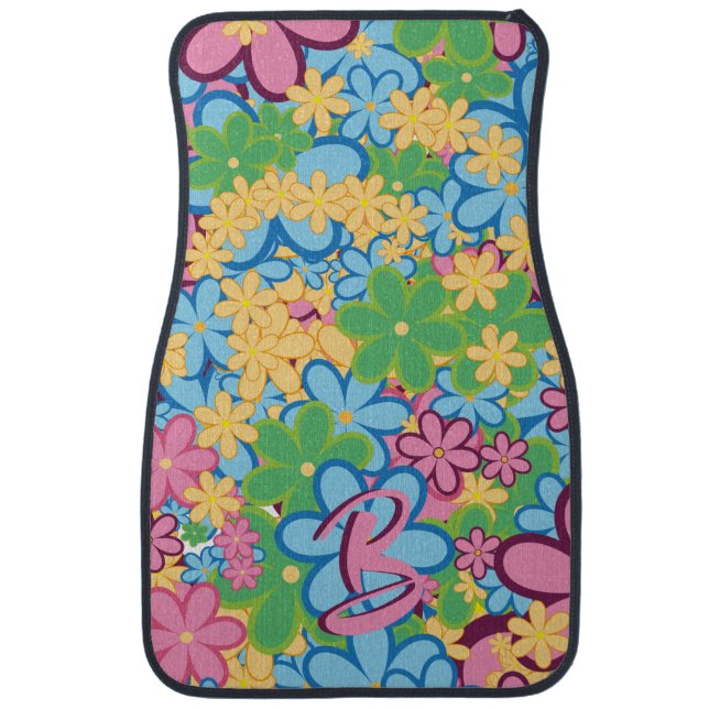 Retro 60s Flower Power Pattern Initial  Car Floor Mat (Front)