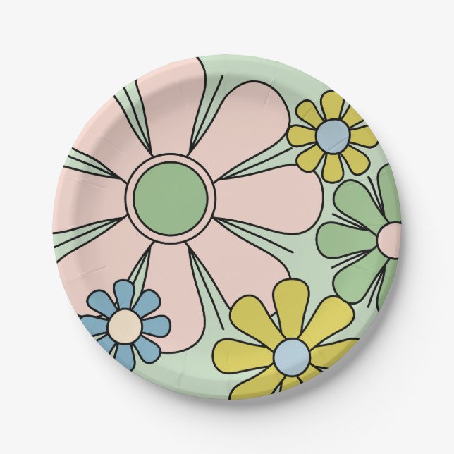Retro 60s Flowers Groovy Pastel Floral Paper Plates (Front)