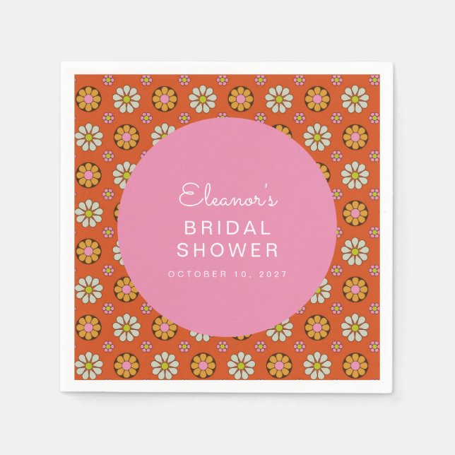 Retro 60s Flowers Orange Pink Bridal Shower Custom Napkins (Front)