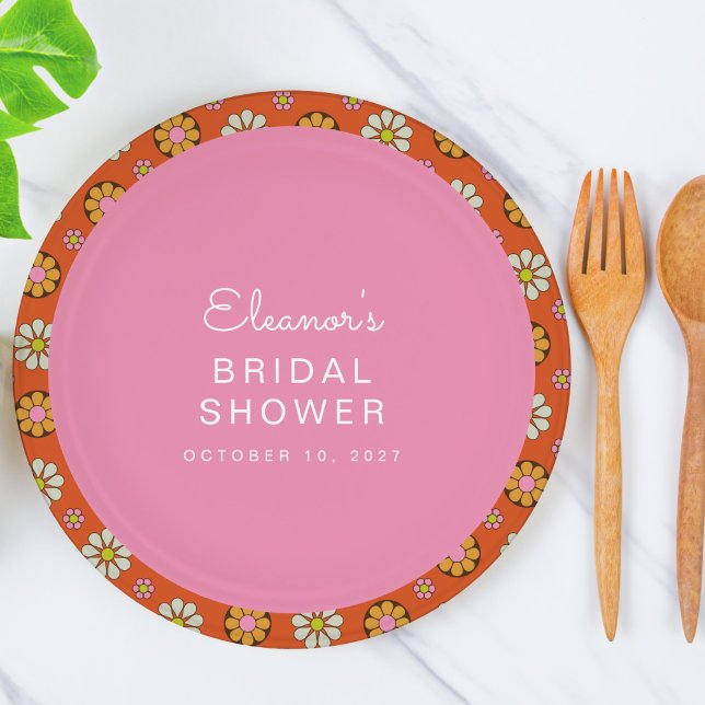 Retro 60s Flowers Orange Pink Bridal Shower Custom Paper Plates (Creator Uploaded)