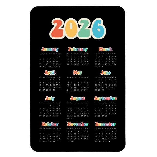 Retro 60s Hippie 2026 Black calendar Magnet (Vertical)