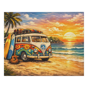 Retro 60s Hippie Beach Bus Sunset   Surf Van Life Faux Canvas Print