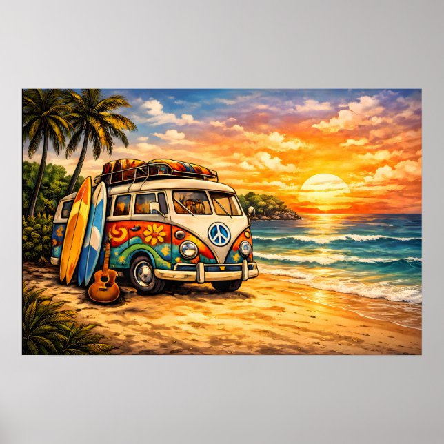 Retro 60s Hippie Beach Bus Sunset | Surf Van Life Poster (Front)