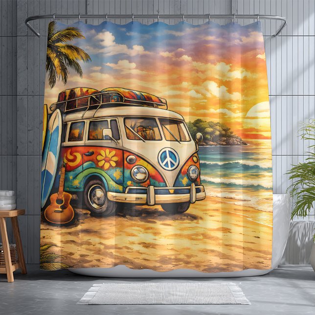 Retro 60s Hippie Beach Bus Sunset | Surf Van Life Shower Curtain (Creator Uploaded)