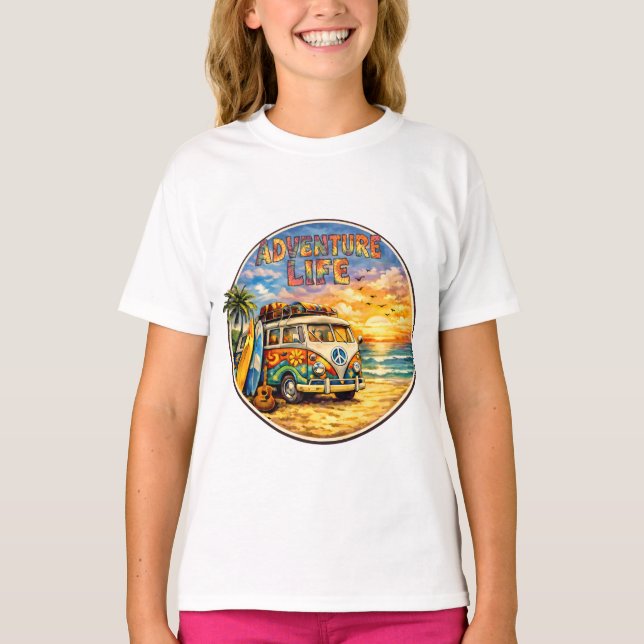 Retro 60s Hippie Beach Sunset Adventure Life Girls T-Shirt (Front)