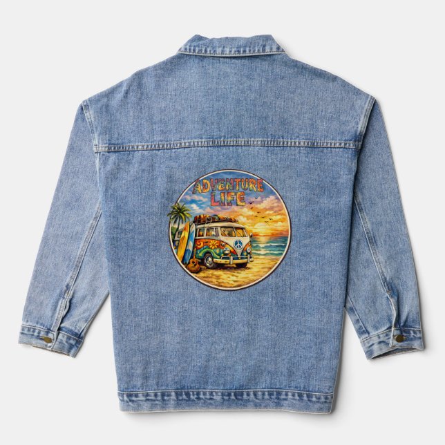 Retro 60s Hippie Beach Sunset | Adventure Van Life Denim Jacket (Back)
