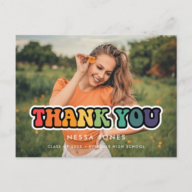 Retro 60s hippie fun graduation Thank you photo Postcard (Front)