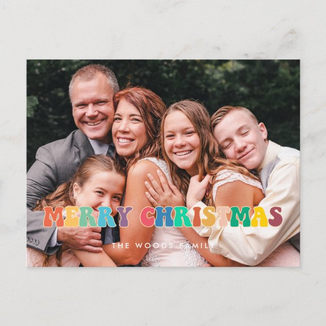 Retro 60s Hippie Fun Merry Christmas family photo Holiday Postcard (Front)