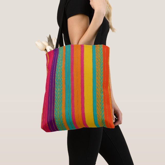 Retro 60s MOD Bright Stripes Tote Bag (Close Up)