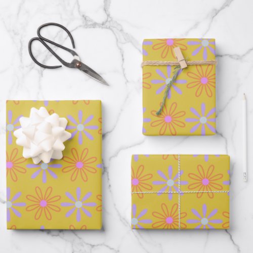 Retro 60s Mod Pop Flower Pattern in Yellow Wrapping Paper Sheets