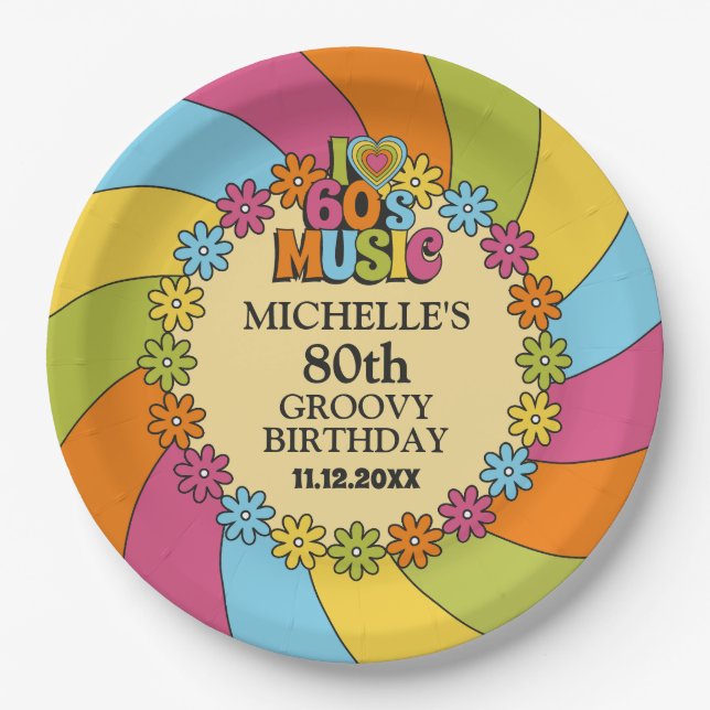 Retro 60s Music Theme 80th Birthday Party Paper Pl Plates (Front)