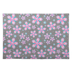 Retro 60s Paisley Pink Flowers & Teal Cloth Placemat