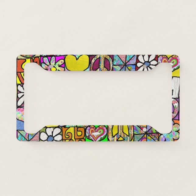 Retro 60s Peace Symbol Love License Plate Frame (Front)