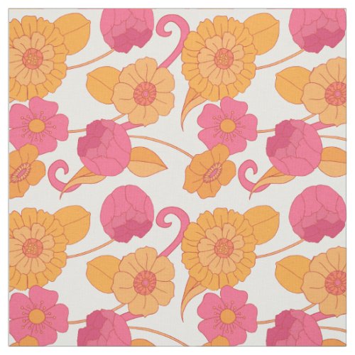 Retro 60s Pink Orange Hippie Flowers Pattern Fabric