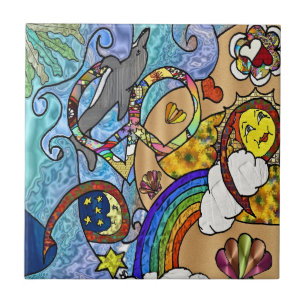 Retro 60s Psychedelic At The Beach ceramic Tile