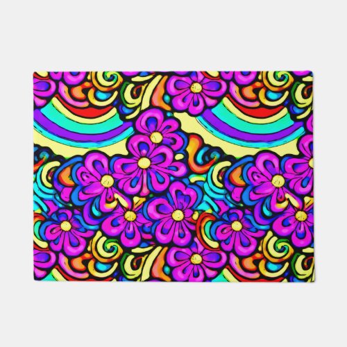 Retro 60s Psychedelic Flowers Rainbow Pattern Doormat