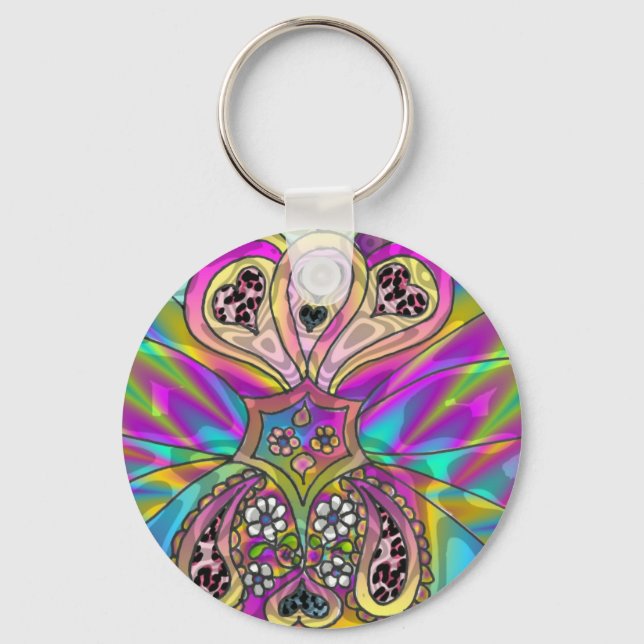 Retro 60s Psychedelic Hearts Flowers Gifts Apparel Keychain (Front)