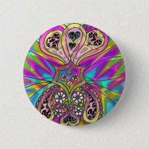 Retro 60s Psychedelic Hearts Flowers Gifts Apparel Pinback Button