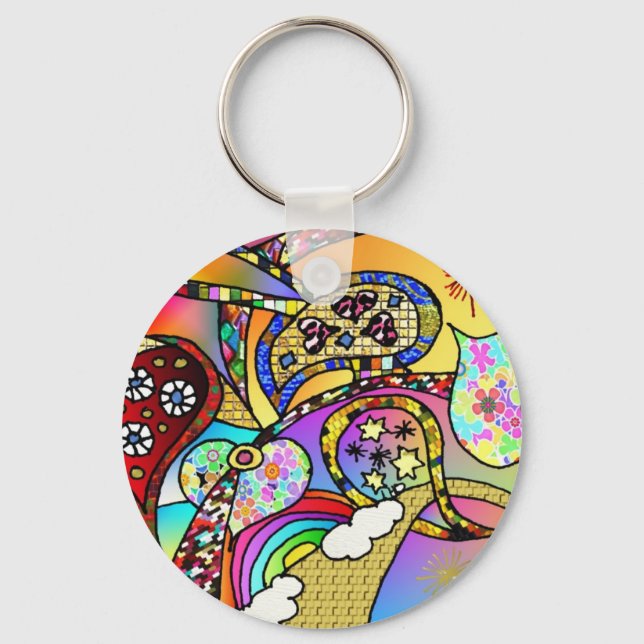 Retro 60s Psychedelic Hearts Paisley Gifts Apparel Keychain (Front)