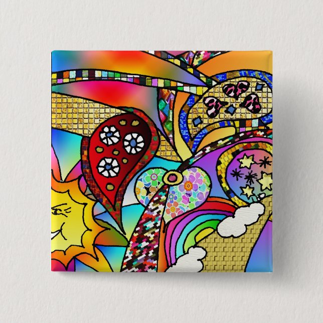 Retro 60s Psychedelic Hearts Paisley Gifts Apparel Pinback Button (Front)