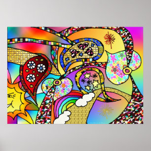 Retro 60s Psychedelic Hearts Paisley Print Poster