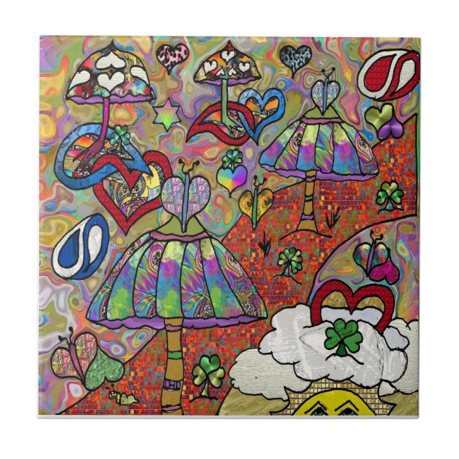 Retro 60s Psychedelic Magic Mushrooms Ceramic Tile (Front)