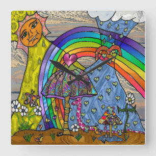 Retro 60s Psychedelic Magic Mushrooms Sq Clock