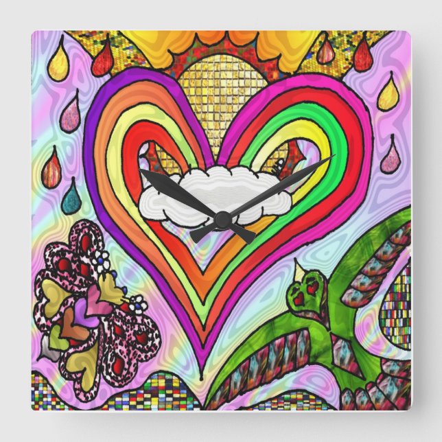 Retro 60s Psychedelic Rainbow Heart Clock (Front)