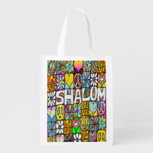 Retro 60s Psychedelic Shalom LOVE Grocery Bag