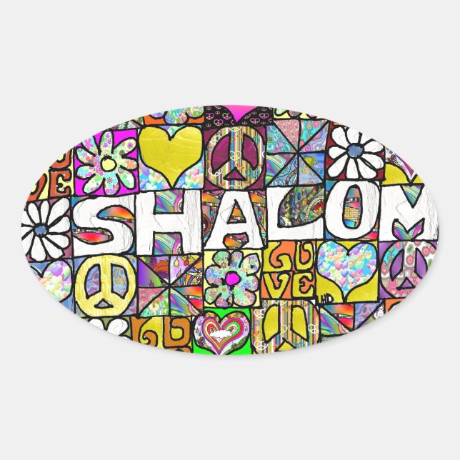Retro 60s Psychedelic Shalom LOVE Oval Sticker (Front)