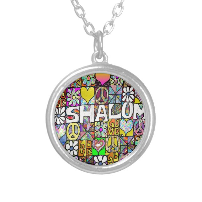 Retro 60s Psychedelic Shalom LOVE Silver Plated Necklace (Front)