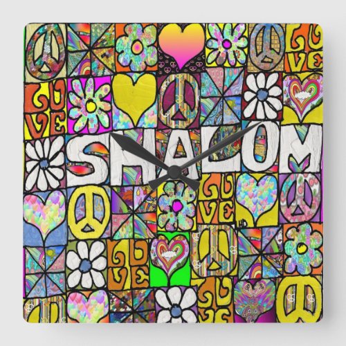 Retro 60s Psychedelic Shalom LOVE Square Wall Clock