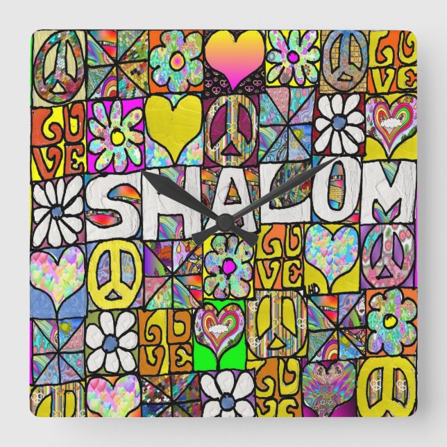 Retro 60s Psychedelic Shalom LOVE Square Wall Clock (Front)