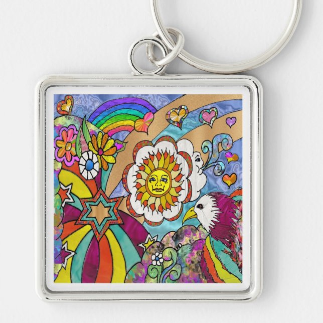 Retro 60s Psychedelic Sunshine Eagle Apparel Gifts Keychain (Front)