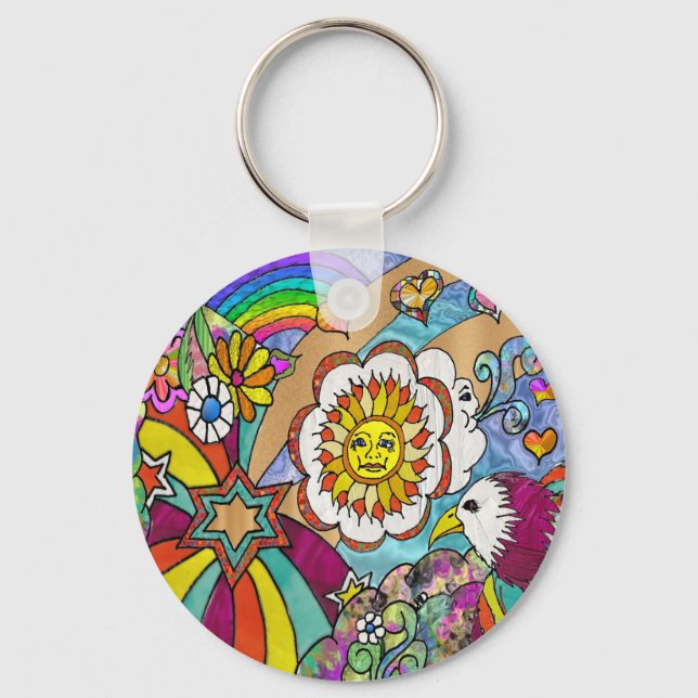Retro 60s Psychedelic Sunshine Eagle Apparel Gifts Keychain (Front)