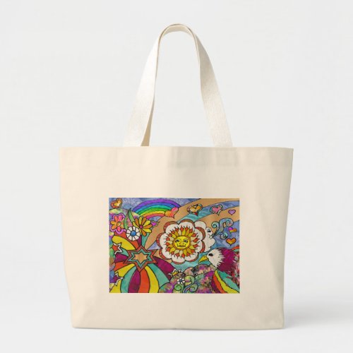 Retro 60s Psychedelic Sunshine Eagle Apparel Gifts Large Tote Bag