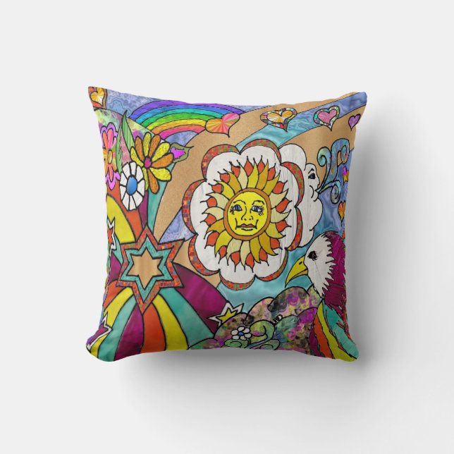Retro 60s Psychedelic Sunshine Eagle Throw Pillow (Front)