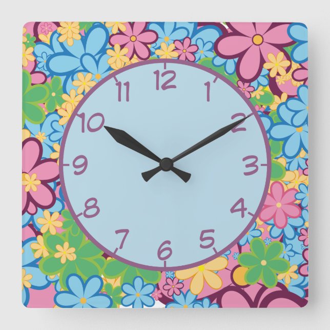 Retro 60s Purple Blue & Yellow Flowers Square Wall Clock (Front)