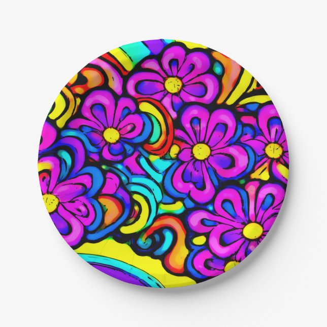 Retro 60s Purple Flower Cartoon Anime Psychedelic  Paper Plates (Front)