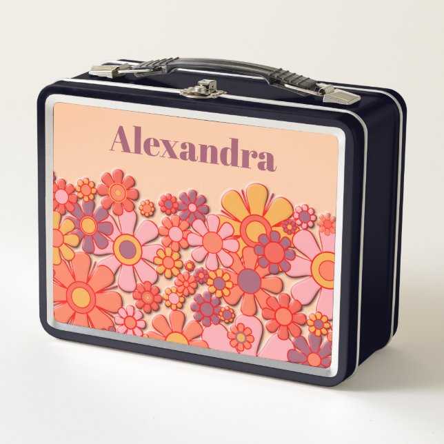 Retro 60s Vintage Aesthetic Cute Pink Floral  Metal Lunch Box (Front)