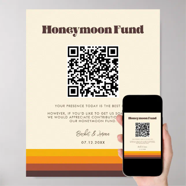 Retro 60s vintage colors Honeymoon fund QR code Poster | Zazzle