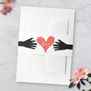 Retro 60s Wedding Cut Out Hands Heart Monogrammed Invitation Belly Band