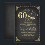 Retro 60th Birthday Black Gold Invitation<br><div class="desc">60th Birthday Invitation. Elegant retro black and faux gold design with script font. Cheers to 60 years! Can be personalized into any age! Message me if you need further customization. Perfect for a glam birthday celebration. Printed Zazzle invitations or instant download digital printable template.</div>