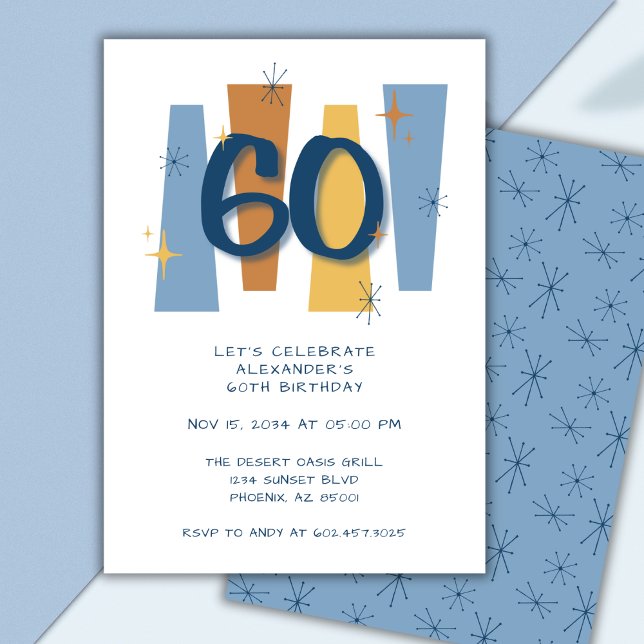 Retro 60th Birthday Midcentury Modern Blue Invitation (Creator Uploaded)