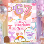 Retro 67 Aesthetic Patch Party Birthday Invitation<br><div class="desc">Retro 67 Aesthetic Patch Party Invitation,  I Was 6 Now I'm 7 Kids Birthday Invite,  Editable Pink Wavy Preppy 7th Birthday Party</div>