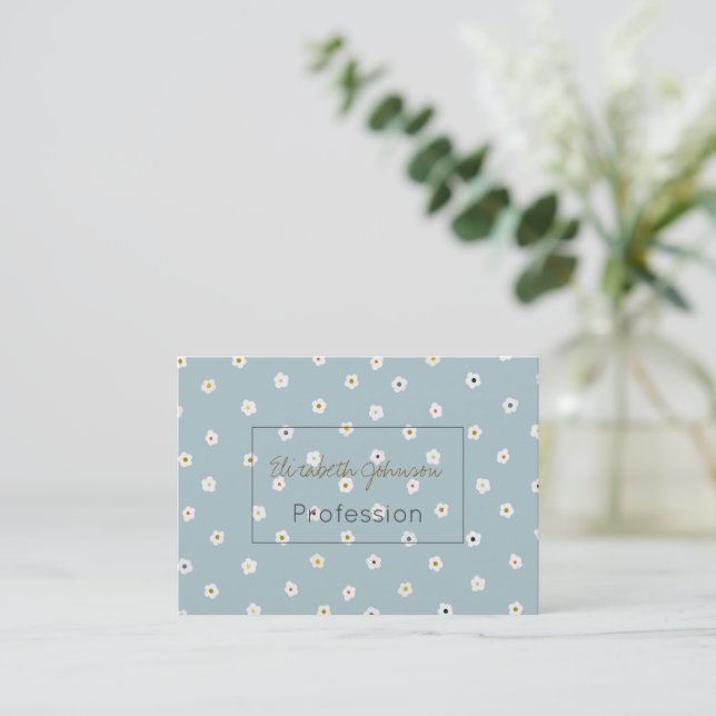Retro 70’s White Daisy Flowers Boho Blue Design Business Card (Standing Front)