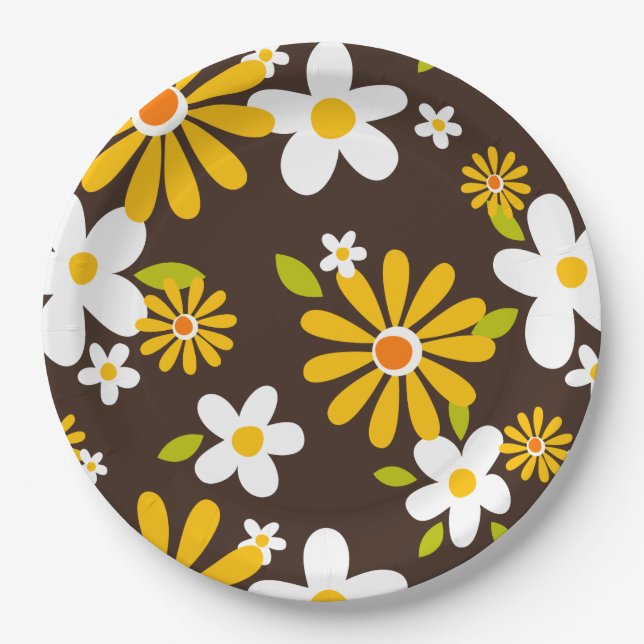 retro 70s 60s flower pattern style paper party plates (Front)